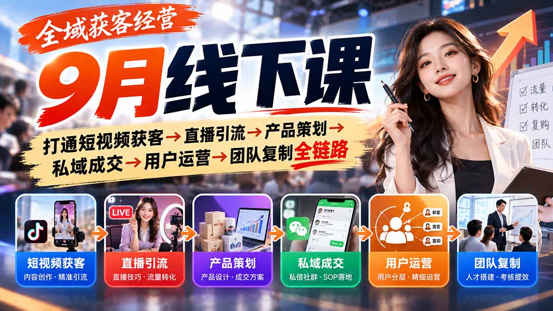 全域获客经营9月线下课:打通短视频获客→直播引流→产品策划→私域成交→用户运营→团队复制全链路-鼎铸网