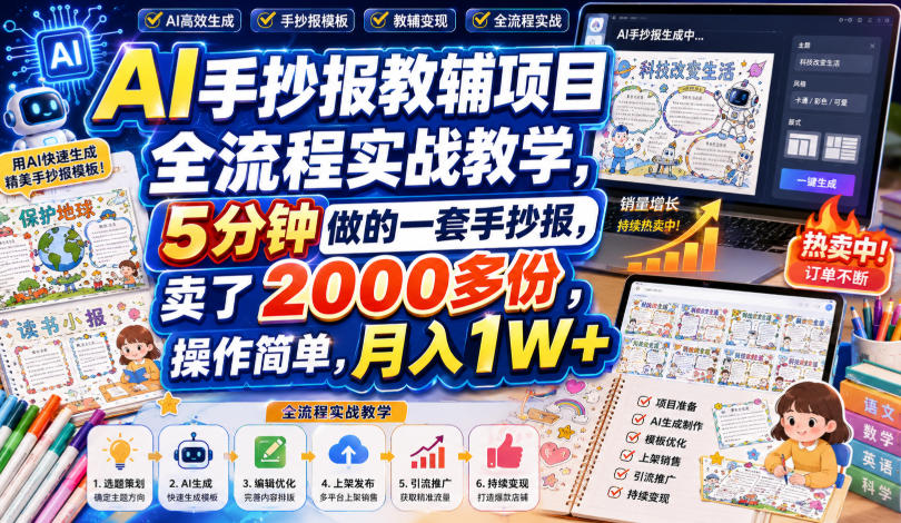 0cd1e5077a1dc7e96444226fddd71258.jpeg AI手抄报教辅项目全流程实战教学,5分钟做的一套手抄报,卖了2000多份,操作简单,月入1W+