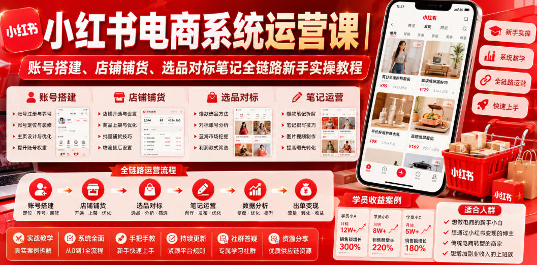 0ce76e8054bf77f551e7ef3ca7fad2d0.jpeg 小红书电商系统运营课|账号搭建、店铺铺货、选品对标笔记全链路新手实操教程