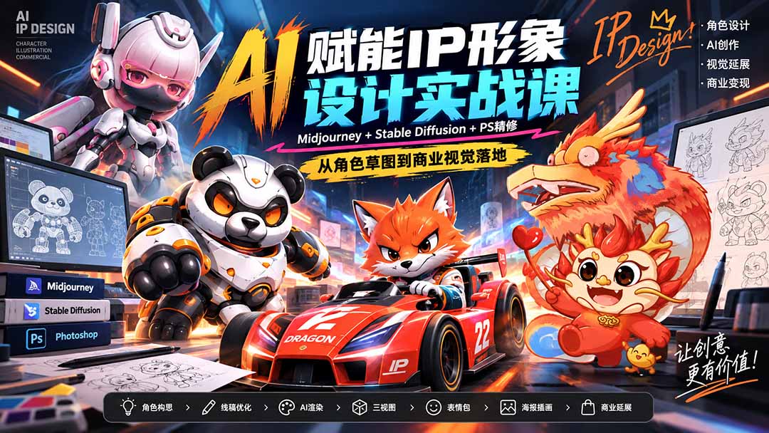 AI赋能IP形象设计实战课-无水印：Midjourney+Stable Diffusion+PS精修，从角色草图到商业视觉落地-鼎铸网
