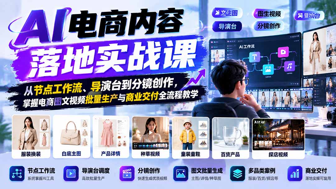 AI电商内容落地实战课：从节点工作流、导演台到分镜创作，掌握电商图文视频批量生产与商业交付全流程教学-鼎铸网
