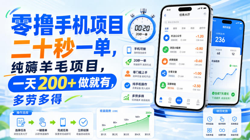 零撸手机项目，二十秒一单，纯薅羊毛项目，一天200+做就有，多劳多得【揭秘】-鼎铸网