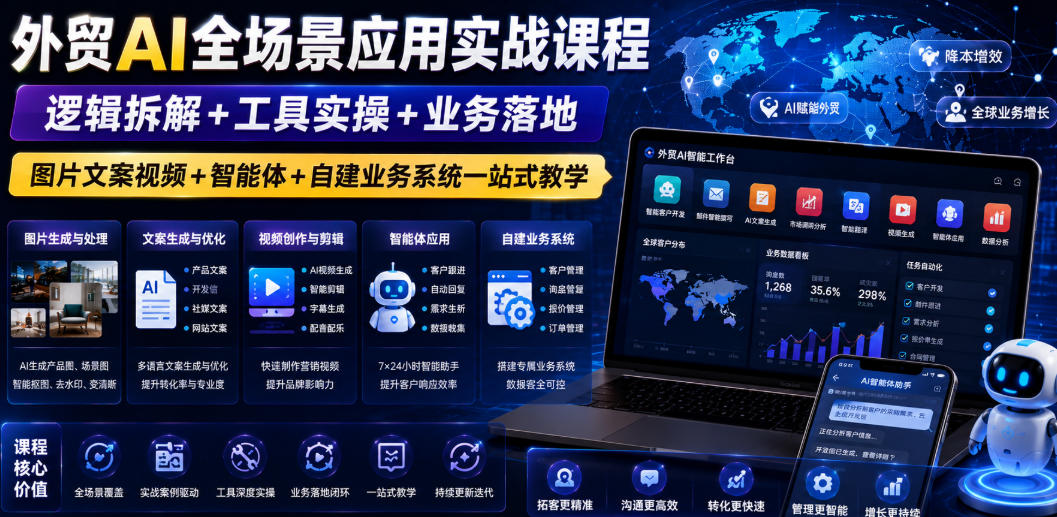 外贸AI全场景应用实战课程｜逻辑拆解+工具实操+业务落地，图片文案视频+智能体+自建业务系统一站式教学-鼎铸网
