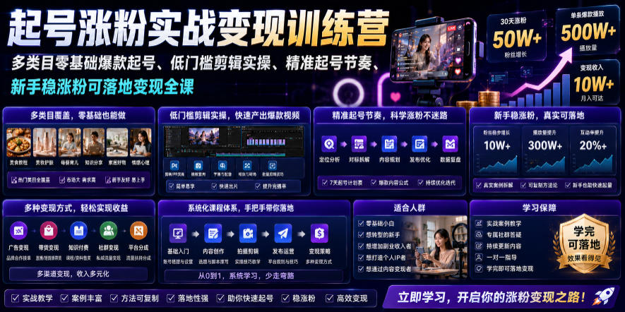 苗子起号涨粉实战变现训练营,多类目零基础爆款起号、精准起号节奏、新手稳涨粉可落地变现全课-鼎铸网
