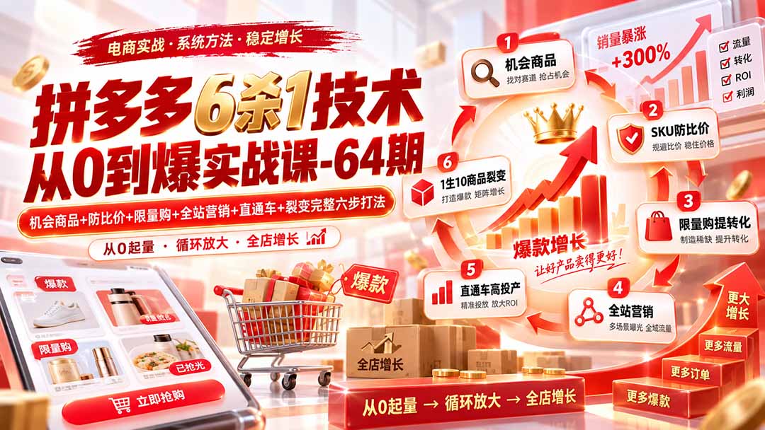 拼多多6杀1技术从0到爆实战课-64期：机会商品+防比价+限量购+全站营销+直通车+裂变完整六步打法-鼎铸网