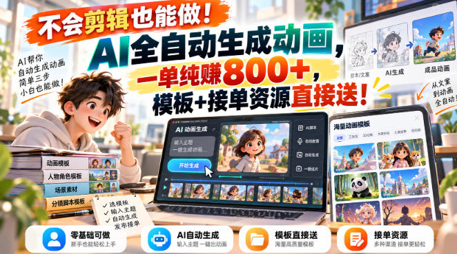 不会剪辑也能做！AI全自动生成动画，一单纯賺800+，模板+接单资源直接送！【揭秘】-鼎铸网