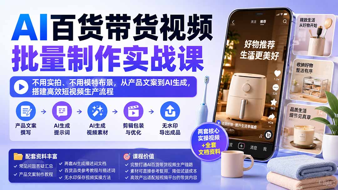 0ff69ea013f3b291fcd6da016c4614c1.jpeg AI百货带货视频批量制作实战课:不用实拍、不用模特布景,从产品文案到AI生成,搭建高效短视频生产流程