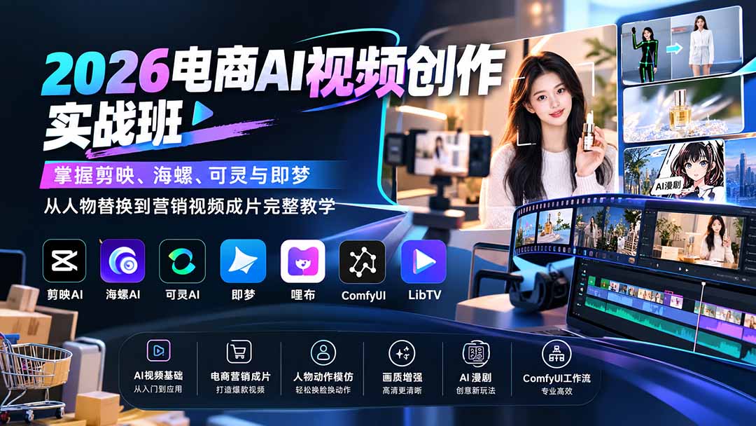 0ffd4a11cc65f0a983e492d2dd77d7d6.jpeg 2026电商AI视频创作实战班:掌握剪映、海螺、可灵与即梦,从人物替换到营销视频成片完整教学
