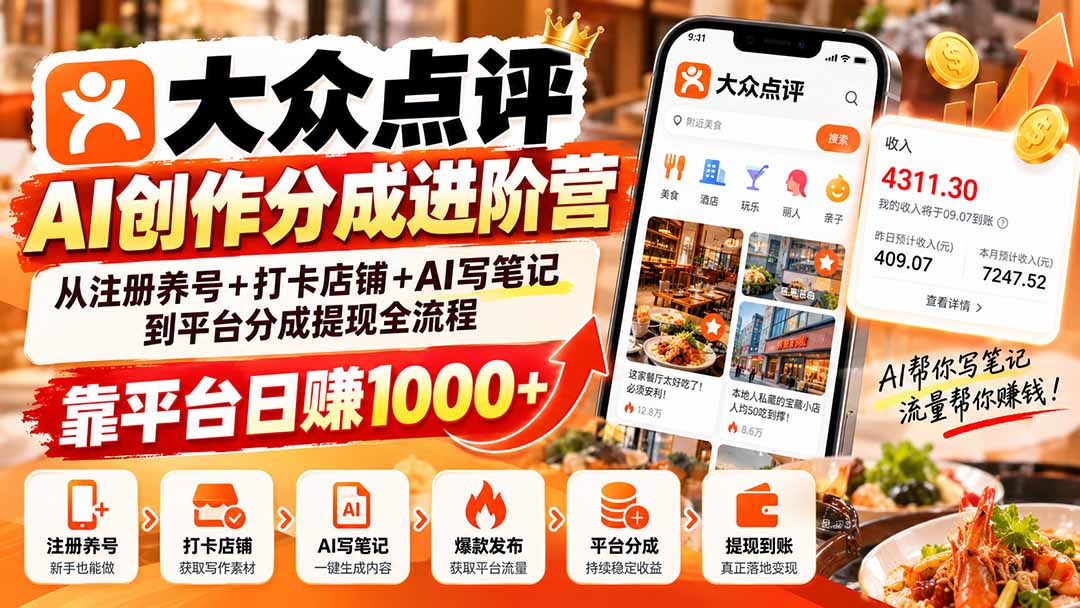 大众点评AI创作分成进阶营：从注册养号+打卡店铺+AI写笔记到平台分成提现全流程，靠平台日赚1000+-鼎铸网