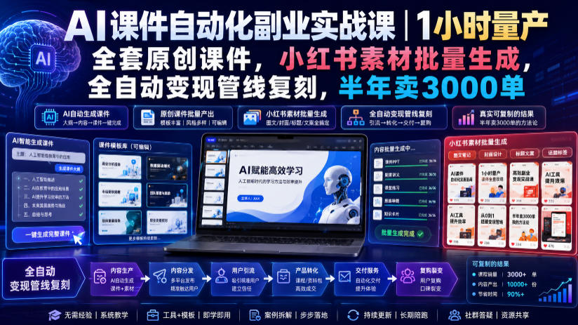 10b2a7b239b5be33883b7db230eaa5cd.jpeg AI课件自动化副业实战课|1小时量产全套原创课件,小红书素材批量生成,全自动变现管线复刻,半年卖3000单