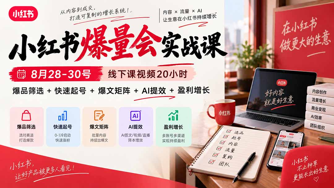 小红书爆量会实战课：8月28-30号线下课视频20小时，爆品筛选+快速起号+爆文矩阵+AI提效+盈利增长-鼎铸网