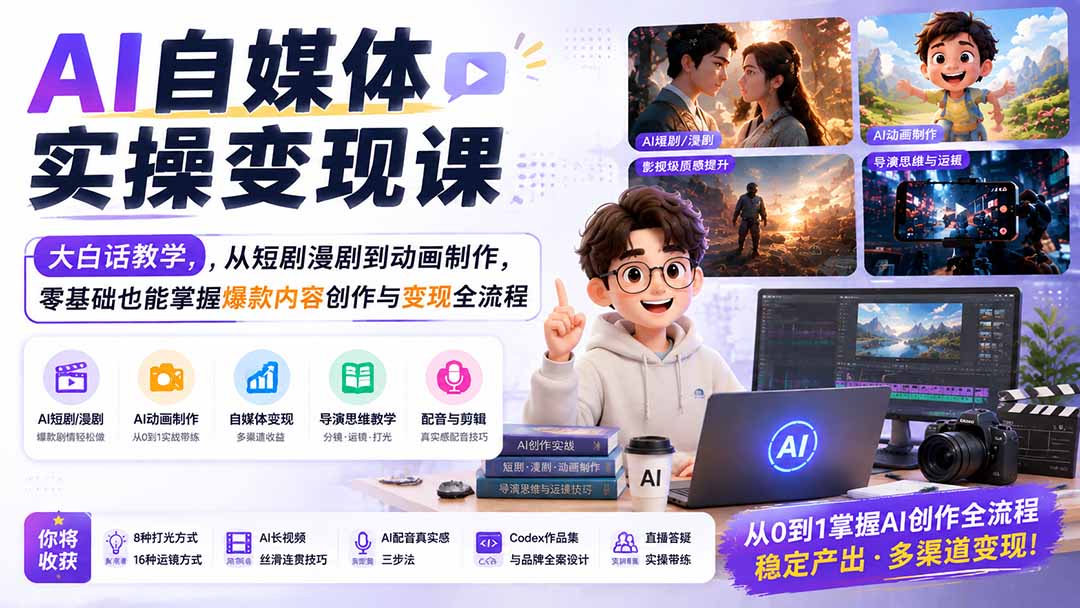 AI自媒体实操变现课｜大白话教学，从短剧漫剧到动画制作，零基础也能掌握爆款内容创作与变现全流程-鼎铸网