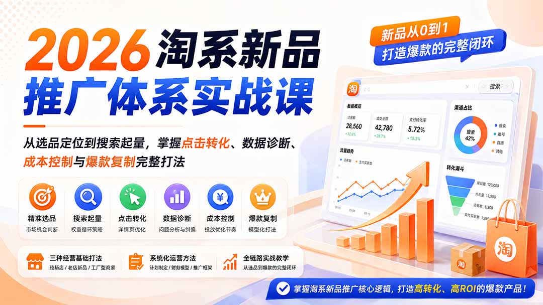 11ff3f38ad37e12cdb9ba16e392907aa.jpeg 2026淘系新品推广体系实战课:从选品定位到搜索起量,掌握点击转化、数据诊断、成本控制与爆款复制完整打法