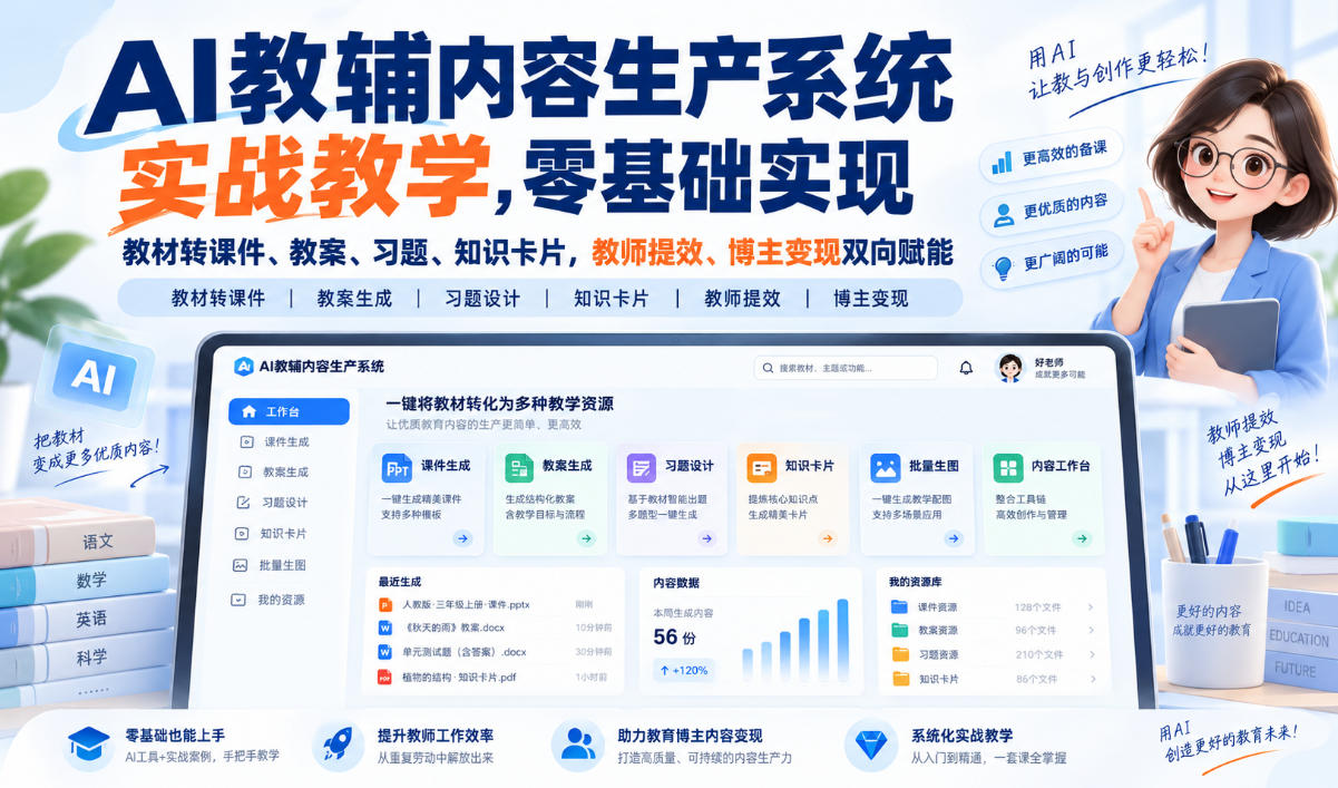 【无水印】AI教辅内容生产系统实战教学，零基础实现教材转课件、教案、习题、知识卡片，教师提效、博主变现双向赋能(更新0926)-鼎铸网