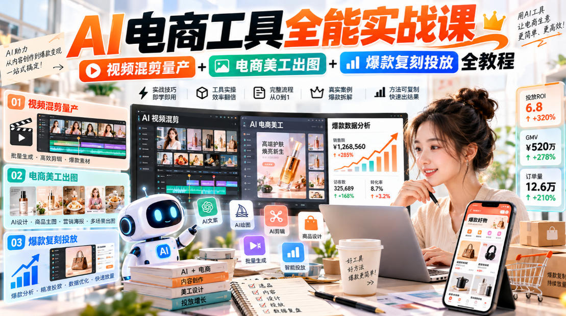 AI电商工具全能实战教学，视频混剪量产+电商美工出图+爆款复刻投放全教程​-鼎铸网