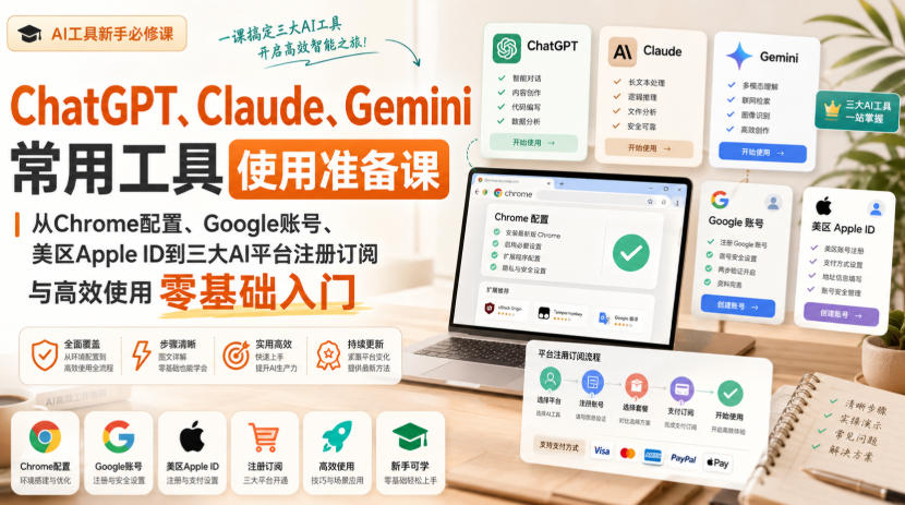 ChatGPT、Claude、Gemini常用工具使用准备课｜从Chrome配置、Google账号、美区Apple ID到三大AI平台注册订阅与高效使用零基础入门-鼎铸网