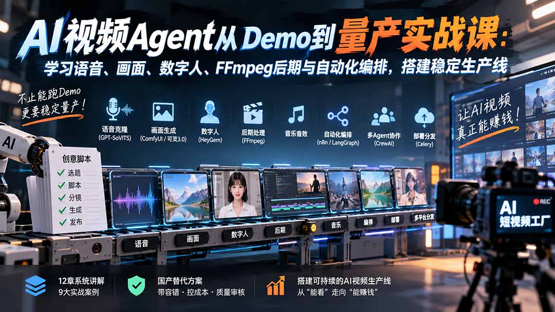 AI视频Agent从Demo到量产实战课：学习语音、画面、数字人、FFmpeg后期与自动化编排，搭建稳定生产线-鼎铸网