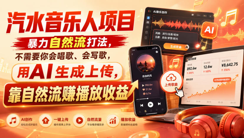 13df8fcad888ab20fc3b5fa9974aa7a9.jpeg 汽水音乐人项目,暴力自然流打法,不需要你会唱歌、会写歌,用AI生成上传,靠自然流賺播放收益