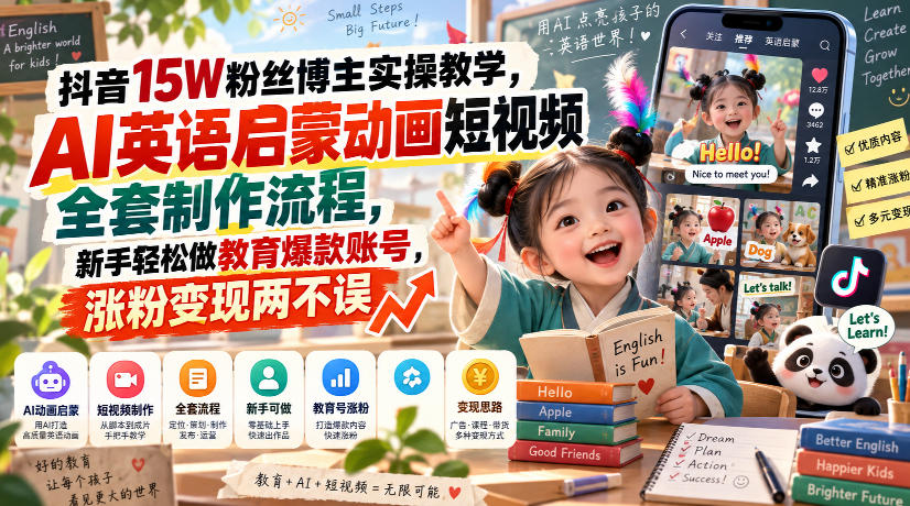 13fa8a431f0e7b5bcf272d299e0fcb29.jpeg 抖音15W粉丝博主实操教学,AI英语启蒙动画短视频全套制作流程,新手轻松做教育爆款账号,涨粉变现两不误