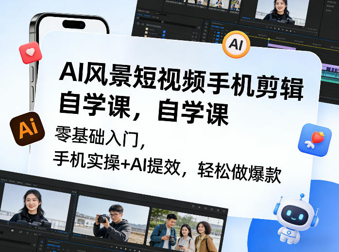 1408b67d1b3c0ddc0dff43c0ed4f488b.jpeg AI风景短视频手机剪辑自学课,零基础入门,手机实操+AI提效,轻松做爆款