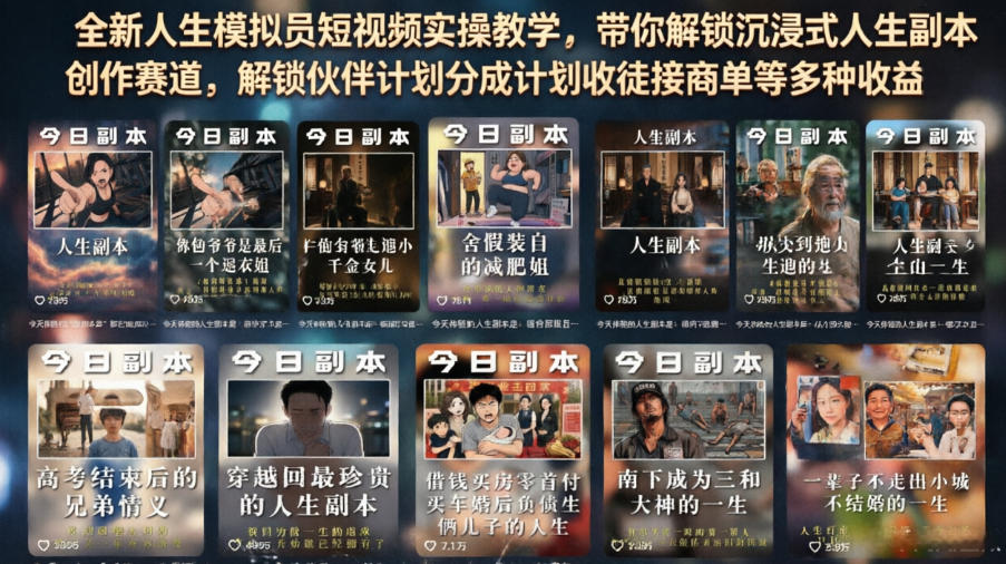 147691b49f136062f29340bd119750b6.jpeg 全新人生模拟员短视频实操教学,带你解锁沉浸式人生副本创作赛道,解锁伙伴计划分成计划收徒接商单等多种收益