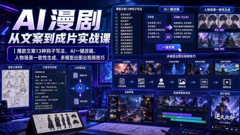 AI漫剧从文案到成片实战课|爆款文案13种钩子写法、AI一键改稿、人物场景一致性生成、多模型出图出视频技巧-鼎铸网