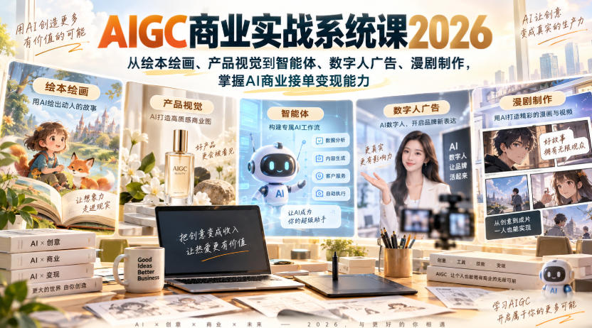 149f6e99ad90fb4dca8a788e94e1df49.jpeg AIGC商业实战系统课2026,从绘本绘画、产品视觉到智能体、数字人广告、漫剧制作,掌握AI商业接单变现能力