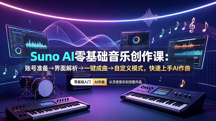 14d77631d3593f641a533f40ce1084ac.jpeg Suno AI零基础音乐创作课:账号准备→界面解析→一键成曲→自定义模式,快速上手AI作曲