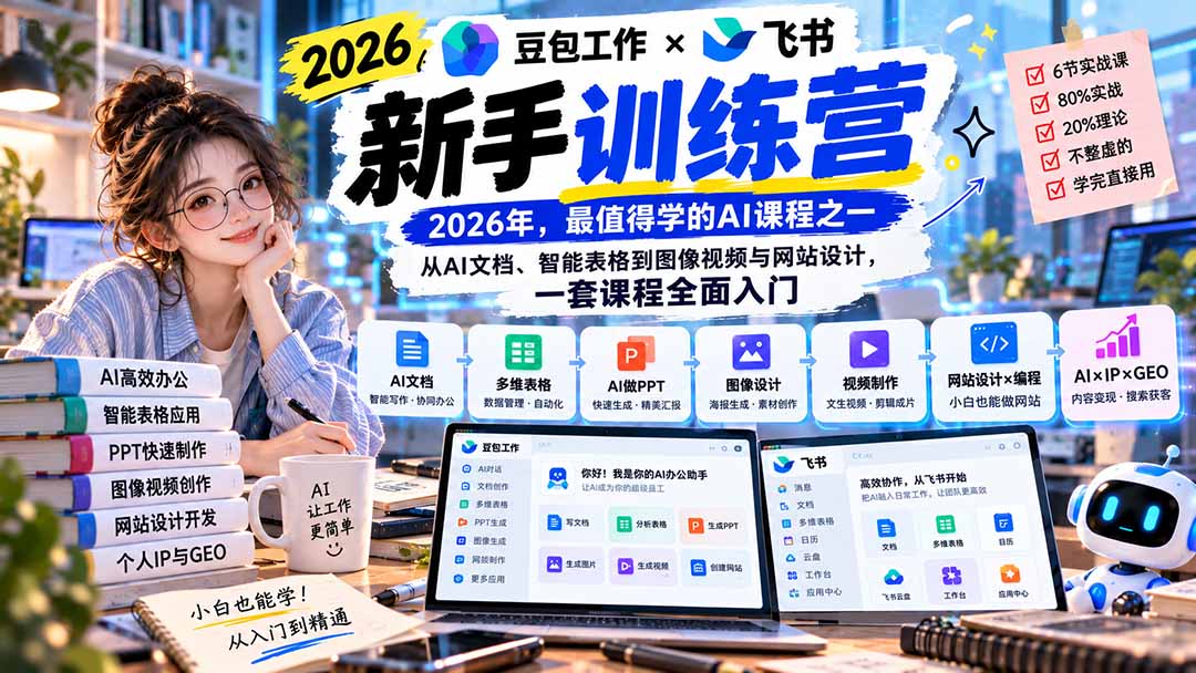 2026豆包工作+飞书新手训练营-9月新课：从AI文档、智能表格到图像视频与网站设计，一套课程全面入门-鼎铸网