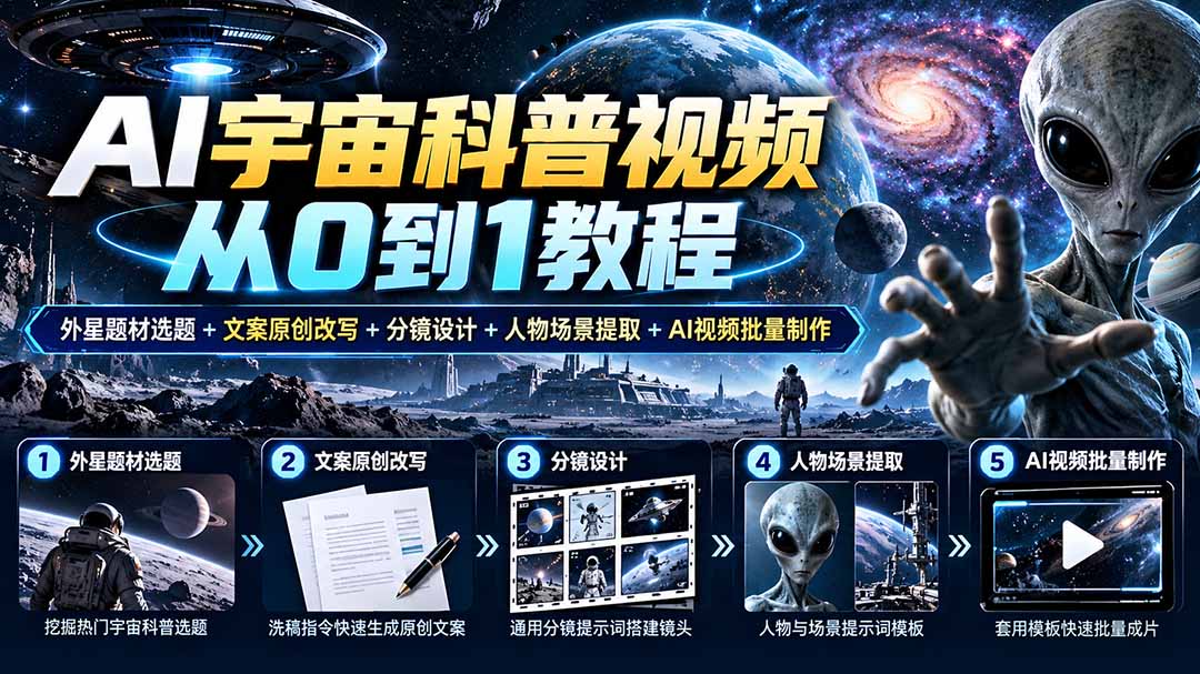 AI宇宙科普视频从0到1教程｜外星题材选题+文案原创改写+分镜设计+人物场景提取+AI视频批量制作-鼎铸网