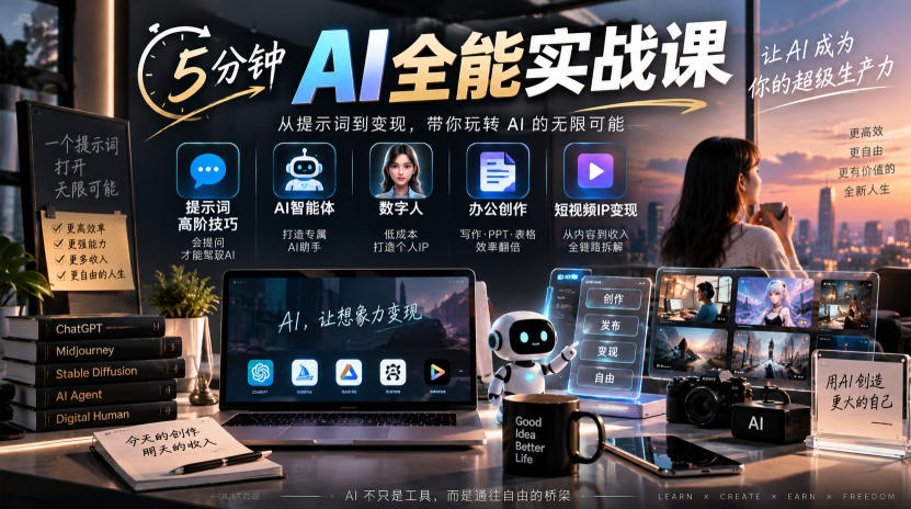 5分钟AI全能实战课｜提示词高阶技巧+AI智能体+数字人+办公创作+短视频IP变现全教程-鼎铸网