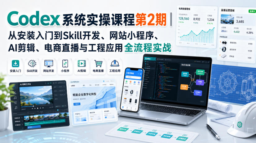Codex系统实操课程第2期｜从安装入门到Skill开发、网站小程序、AI剪辑、电商直播与工程应用全流程实战-鼎铸网