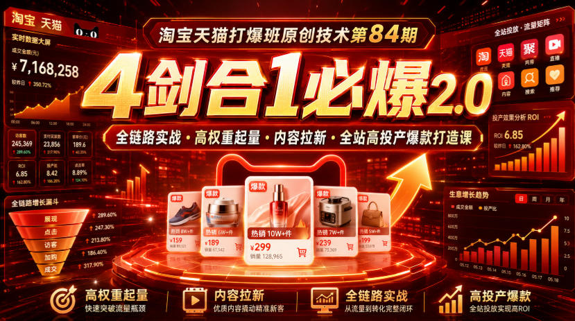 16424b8887f26c8b1f7228e269771ff2.jpeg 淘宝天猫打爆班原创技术第84期|4剑合1必爆2.0全链路实战・高权重起量・内容拉新・全站高投产爆款打造课