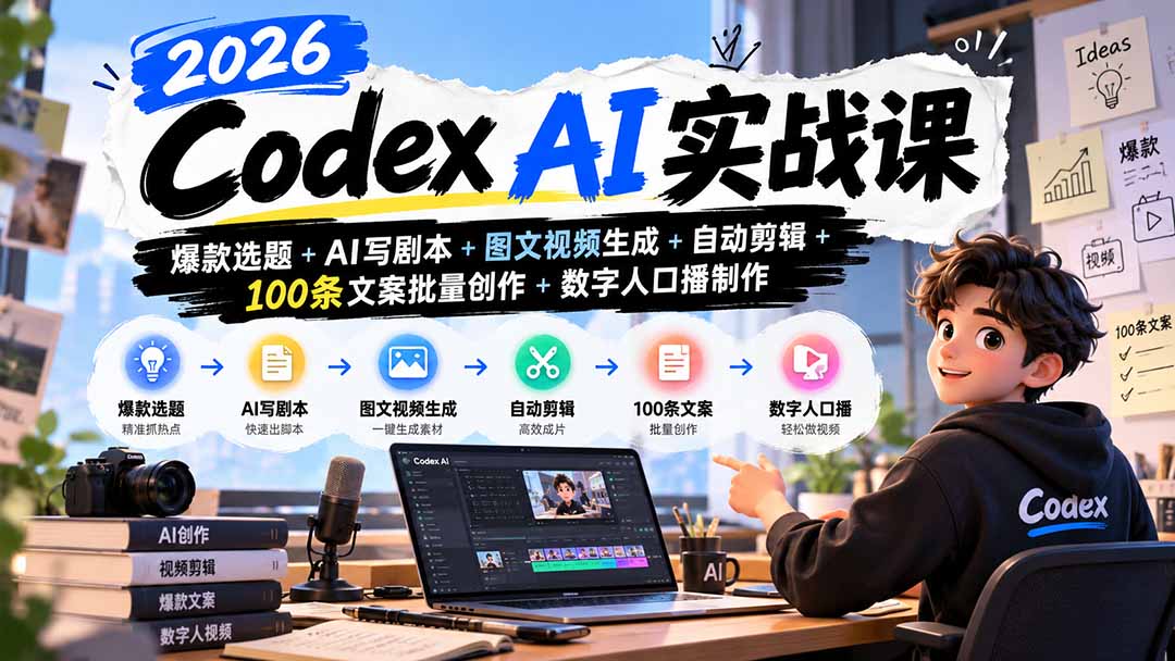 2026Codex AI实战课：爆款选题+AI写剧本+图文视频生成+自动剪辑+100条文案批量创作+数字人口播制作-鼎铸网