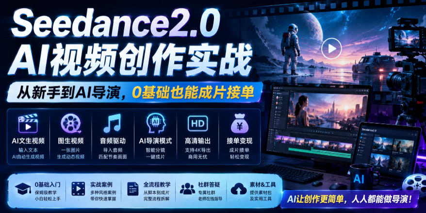 Seedance2.0 AI视频创作实战，从新手到AI导演，0基础也能成片接单变现-鼎铸网