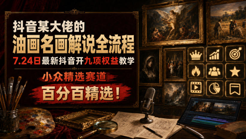 抖音某大佬的油画名画解说全流程,7.24日最新抖音开九项权益教学,小众精选赛道,百分百精选!-鼎铸网