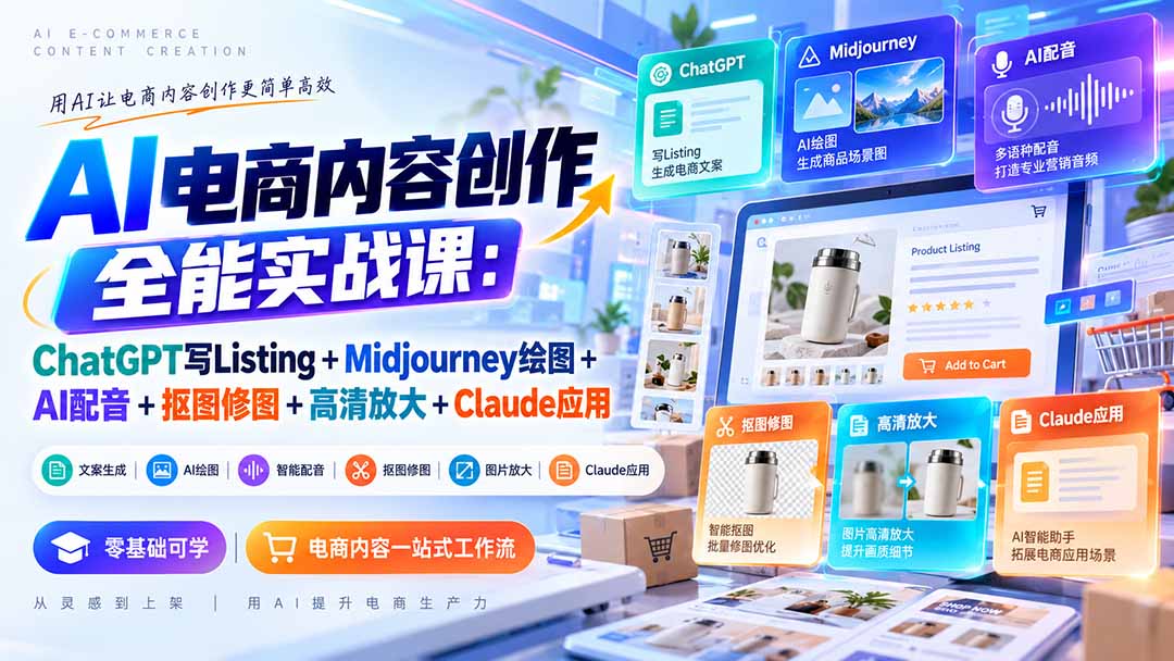 18a1d3ef4adccc722828199d85c80f40.jpeg 【无水印】AI电商内容创作全能实战课:ChatGPT写Listing+Midjourney绘图+AI配音+抠图修图+高清放大+Claude应用
