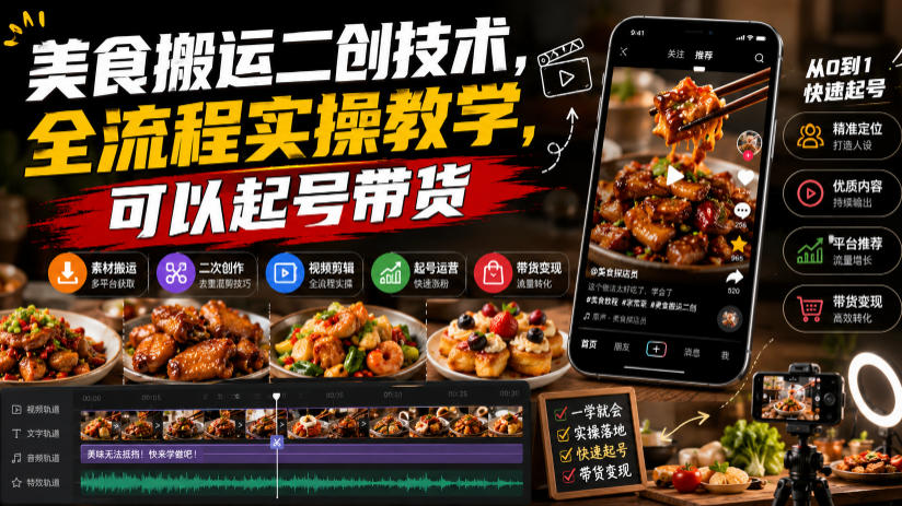 美食搬运二创技术，全流程实操教学，可以起号带货-鼎铸网