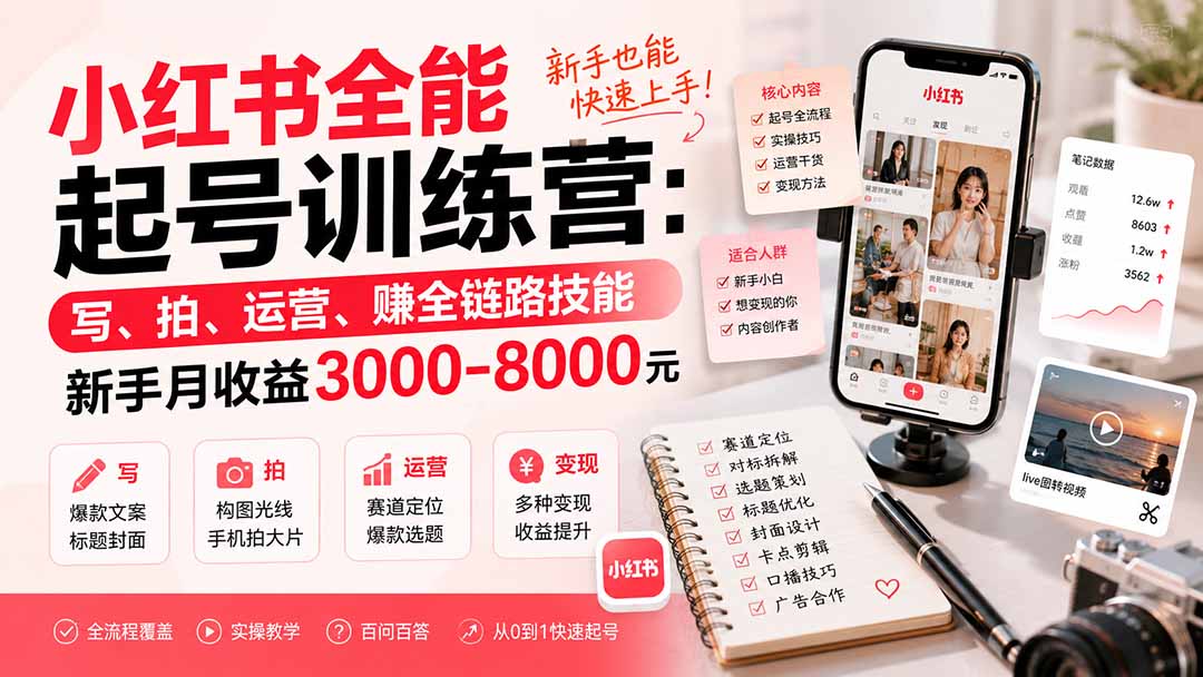小红书全能起号训练营-更新：写、拍、运营、赚全链路技能，新手月收益3000-8000元-鼎铸网