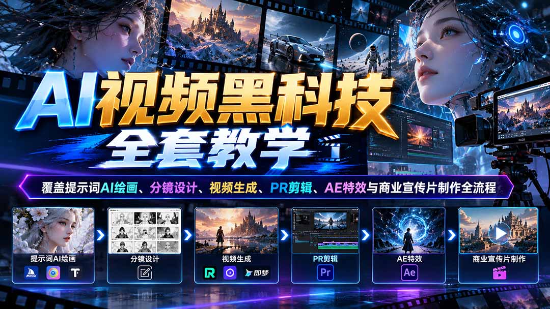 AI视频黑科技全套教学：覆盖提示词AI绘画、分镜设计、视频生成、PR剪辑、AE特效与商业宣传片制作全流程-鼎铸网