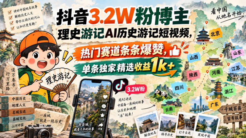 抖音3.2W粉博主理史游记AI历史游记短视频教学，热门赛道条条爆赞，单条独家精选收益1k+-鼎铸网