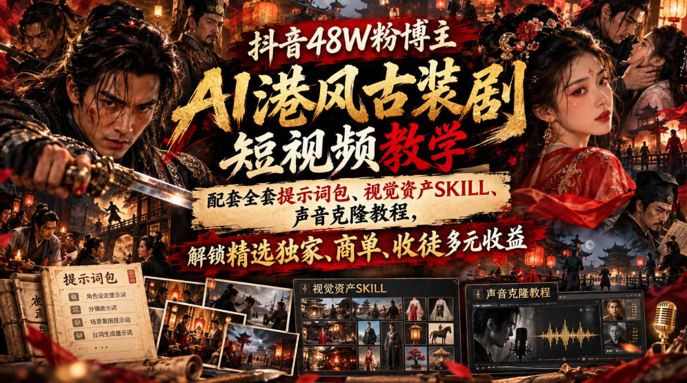 抖音48W粉博主AI港风古装剧短视频教学，配套全套提示词包、视觉资产SKILL、声音克隆教程，解锁精选独家、商单、收徒多元收益-鼎铸网