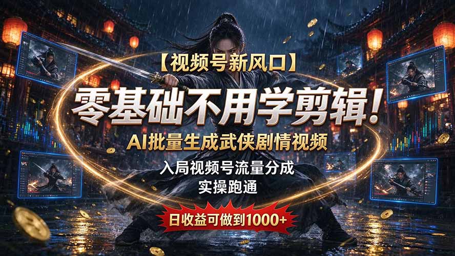 【视频号新风口】零基础不用学剪辑!AI 批量生成武侠剧情视频,入局视频号流量分成,实操跑通,日收益可做到 1000+-鼎铸网