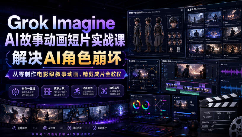 1c2f3972ce77ca3127560198bd256a1e.jpeg Grok Imagine AI故事动画短片实战课|解决AI角色崩坏,从零制作电影级叙事动画、精剪成片全教程(中英字幕)
