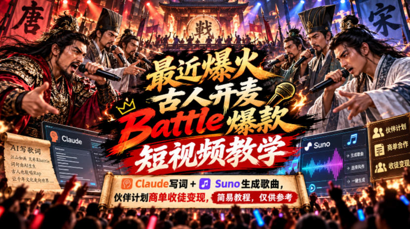 1c46af2a3a7e1d3f399863fd913b4d26.jpeg 最近爆火古人开麦Battle爆款短视频教学,Claude写词+Suno生成歌曲,伙伴计划商单收徒变现,简易教程,仅供参考