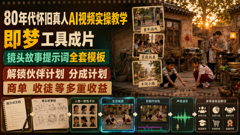 1c5524055bd70f516f0a1e1ec3d1cecc.jpeg 80年代怀旧真人AI视频实操教学,即梦工具成片、镜头故事提示词全套模板,解锁伙伴计划分成计划商单收徒等多重收益