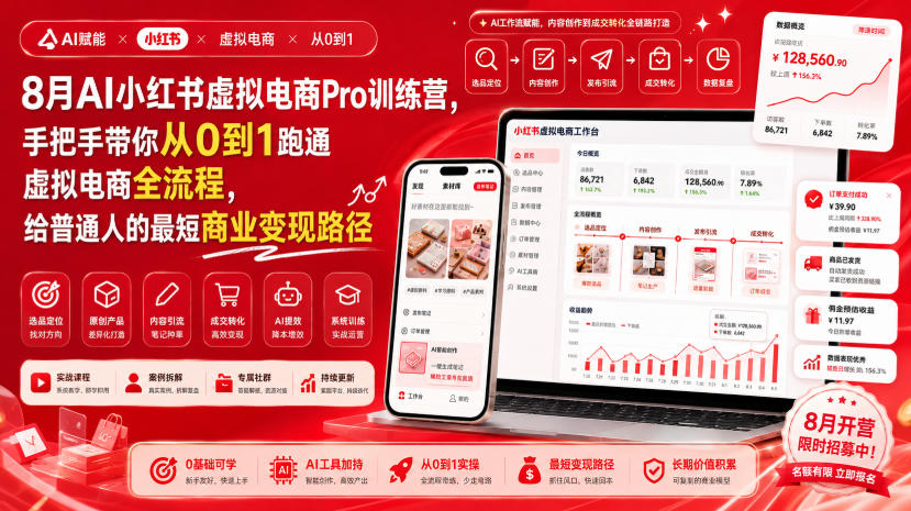 8月AI小红书虚拟电商Pro训练营，手把手带你从0到1跑通虚拟电商全流程，给普通人的最短商业变现路径-鼎铸网