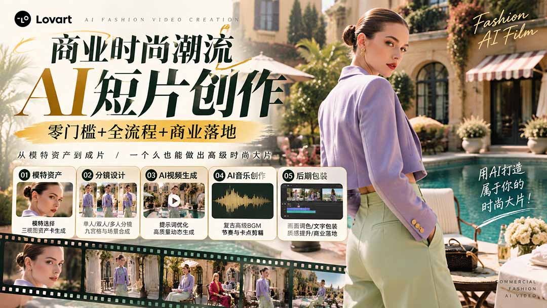 1c99f65248365f5bdba21db808f356f4.jpeg 从一张模特图到高级时尚广告大片:AI三视图资产、场景合成、电影分镜、动态生成与复古音乐剪辑实战课