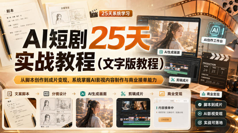 1cb58c751909d3bd91cb736b35603bb2.jpeg AI短剧25天实战教程(文字版教程),从脚本创作到成片变现,系统掌握AI影视内容制作与商业接单能力