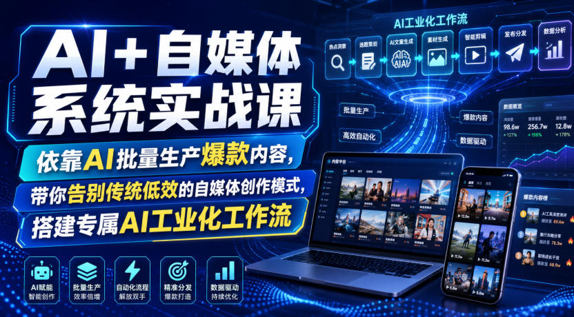 AI+自媒体系统实战课，依靠AI批量生产爆款内容，带你告别传统低效的自媒体创作模式，搭建专属AI工业化工作流-鼎铸网